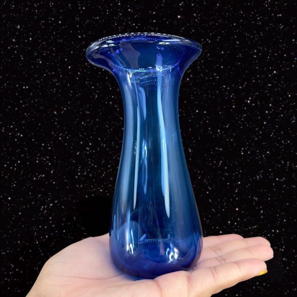 Hand Blown Cobalt Blue Art Glass Oval Angled Top Hand Made Glass Vase 2005 Mark‎